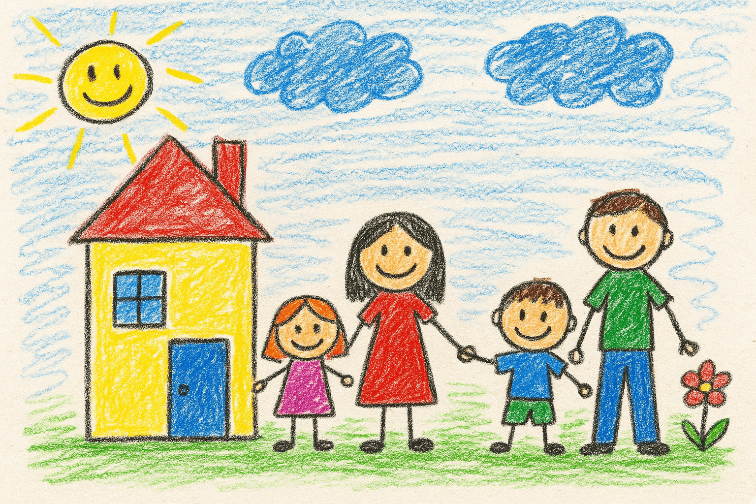 Child's colorful drawing of a house and family